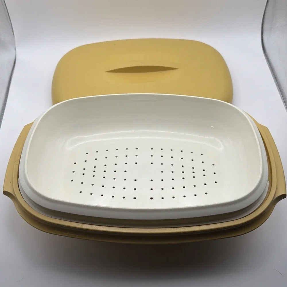 Vintage Tupperware #1273-4 Harvest Gold 3 Piece Vegetable/Rice Steamer Strainer